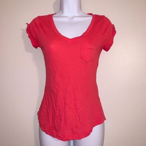 Express Pink/Coral V-Neck Tee With Front Pocket Size Large - Picture 1 of 8